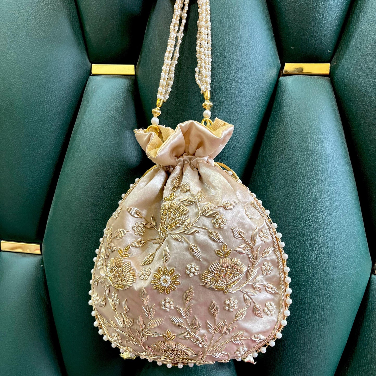 Champagne Gold Embroidered Potli Bag with Pearl Handle | Bridal Wedding Purse | Handmade Indian Ethnic Clutch | Designer Festive Bag