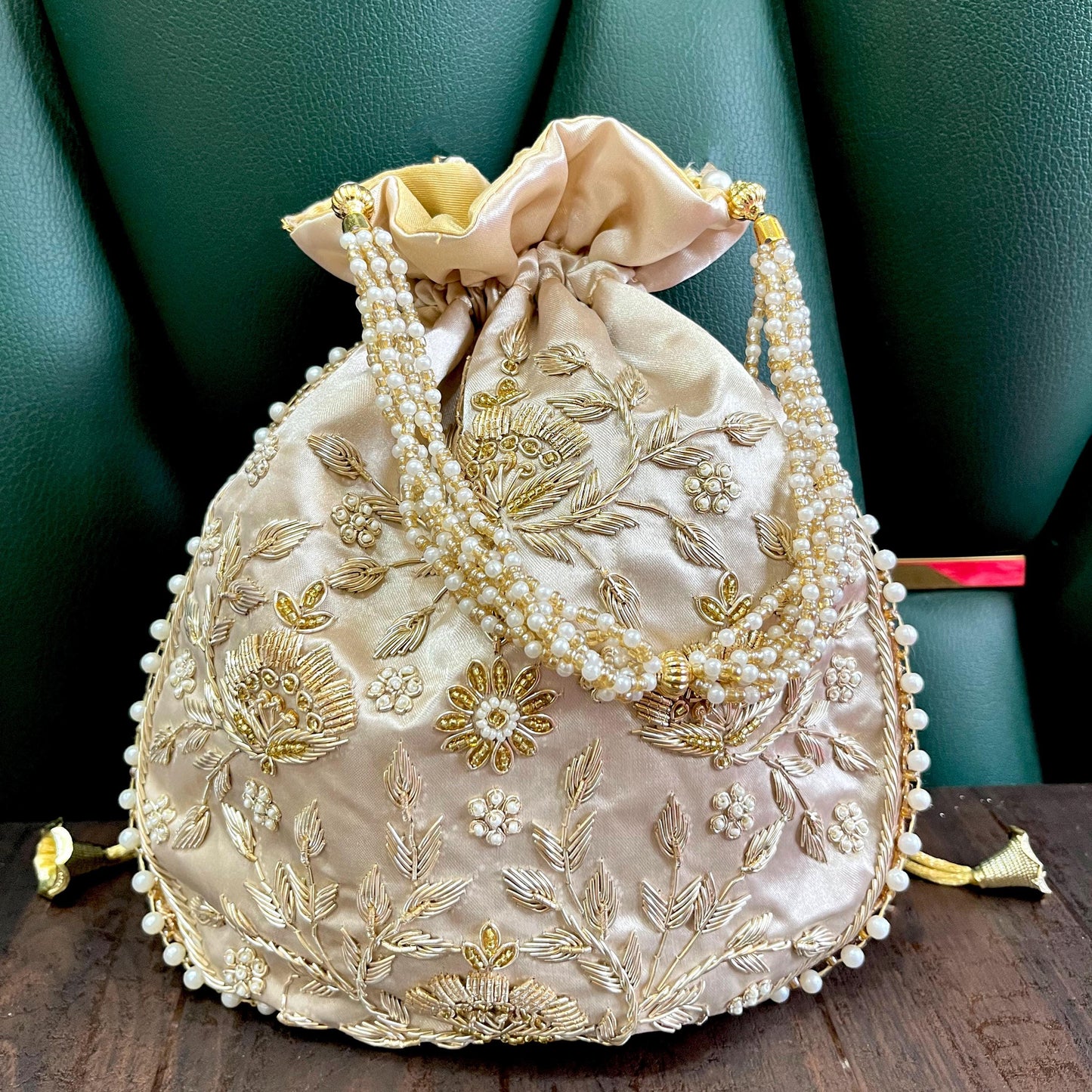 Champagne Gold Embroidered Potli Bag with Pearl Handle | Bridal Wedding Purse | Handmade Indian Ethnic Clutch | Designer Festive Bag