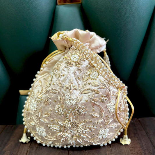 Champagne Gold Potli Bag: Pearl & Zardosi Embroidery, Bridal Purse