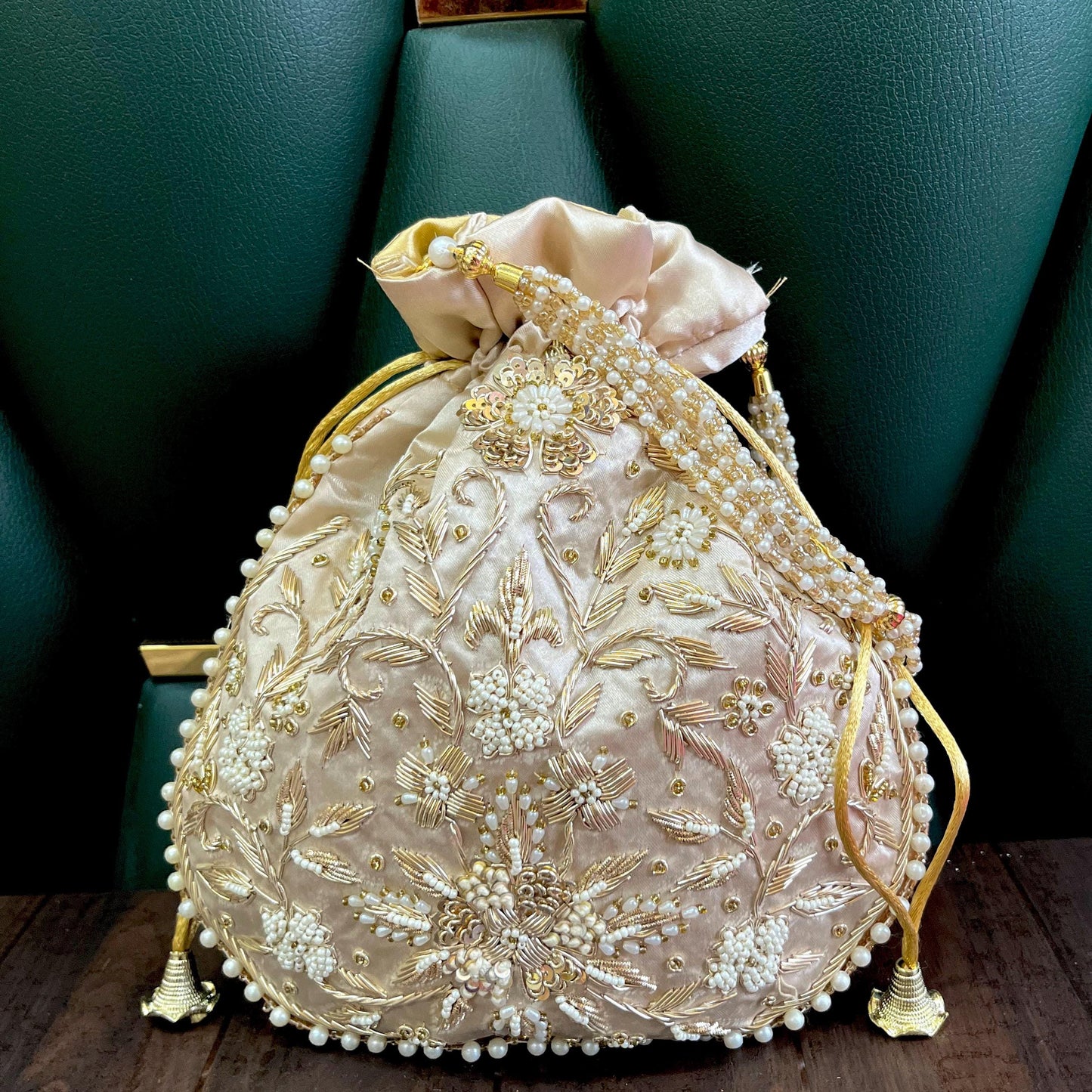Champagne Gold Potli Bag: Pearl & Zardosi Embroidery, Bridal Purse