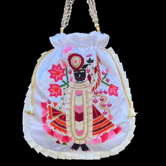 Shrinathji Embroidered Potli Bag: White Satin Indian Wedding Favor