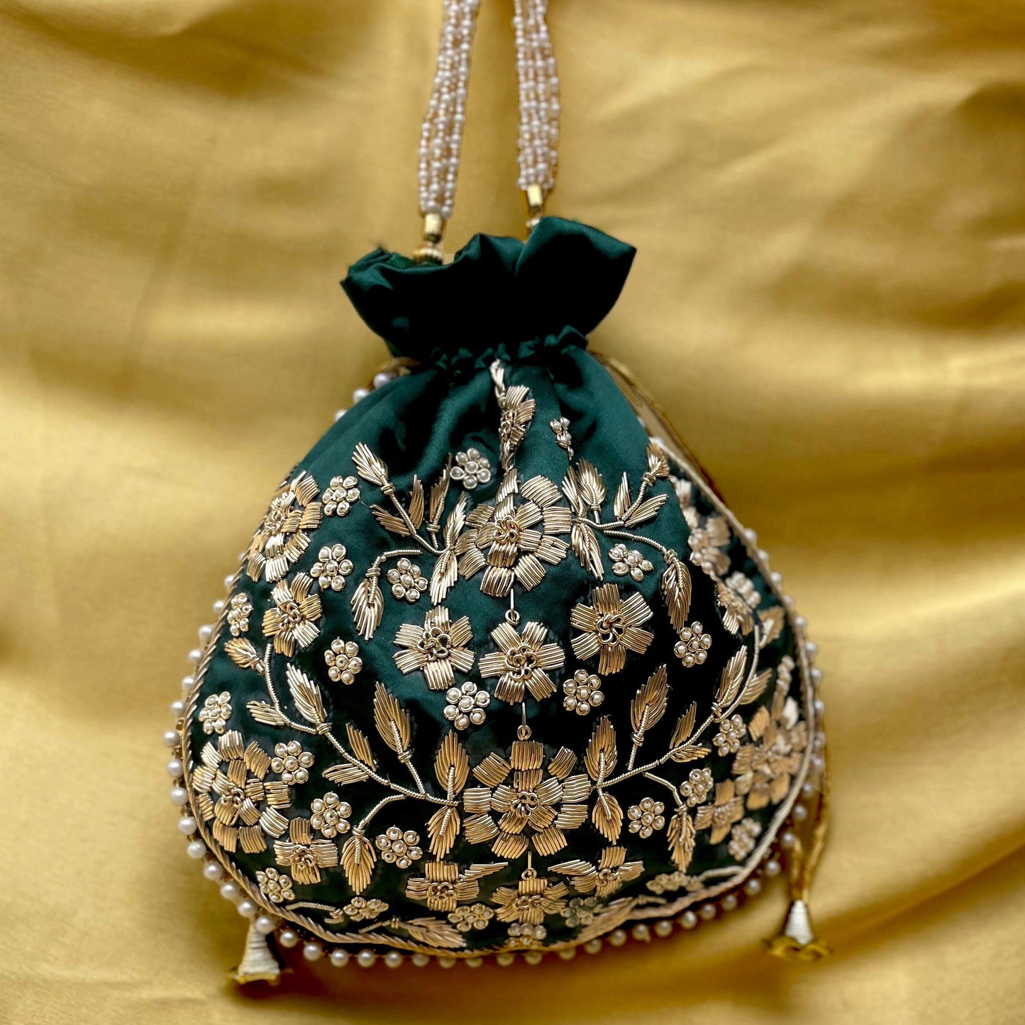 Emerald Green Potli Bag with Golden Zardosi Embroidery & Pearl Handle – Indian Bridal Clutch, Ethnic Wedding Purse, Gift for Her