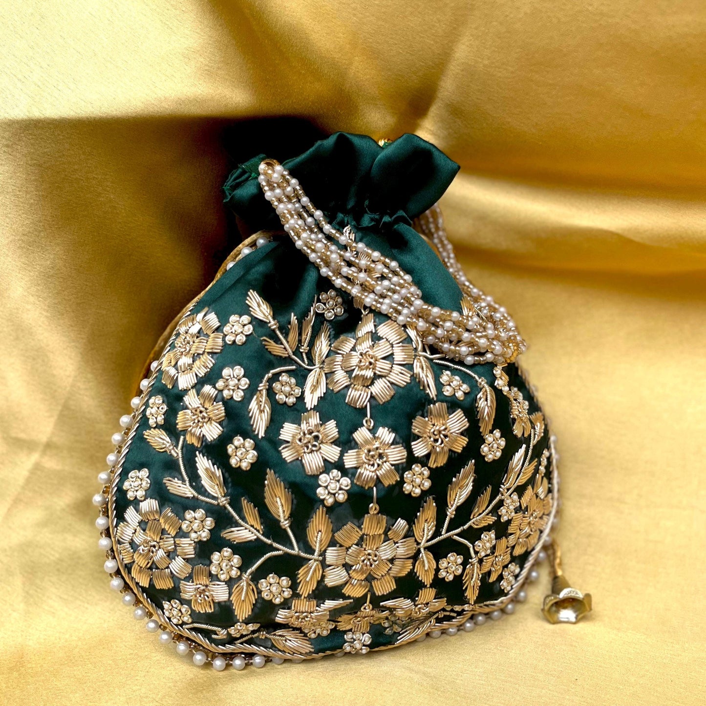 Emerald Green Potli Bag with Golden Zardosi Embroidery & Pearl Handle – Indian Bridal Clutch, Ethnic Wedding Purse, Gift for Her