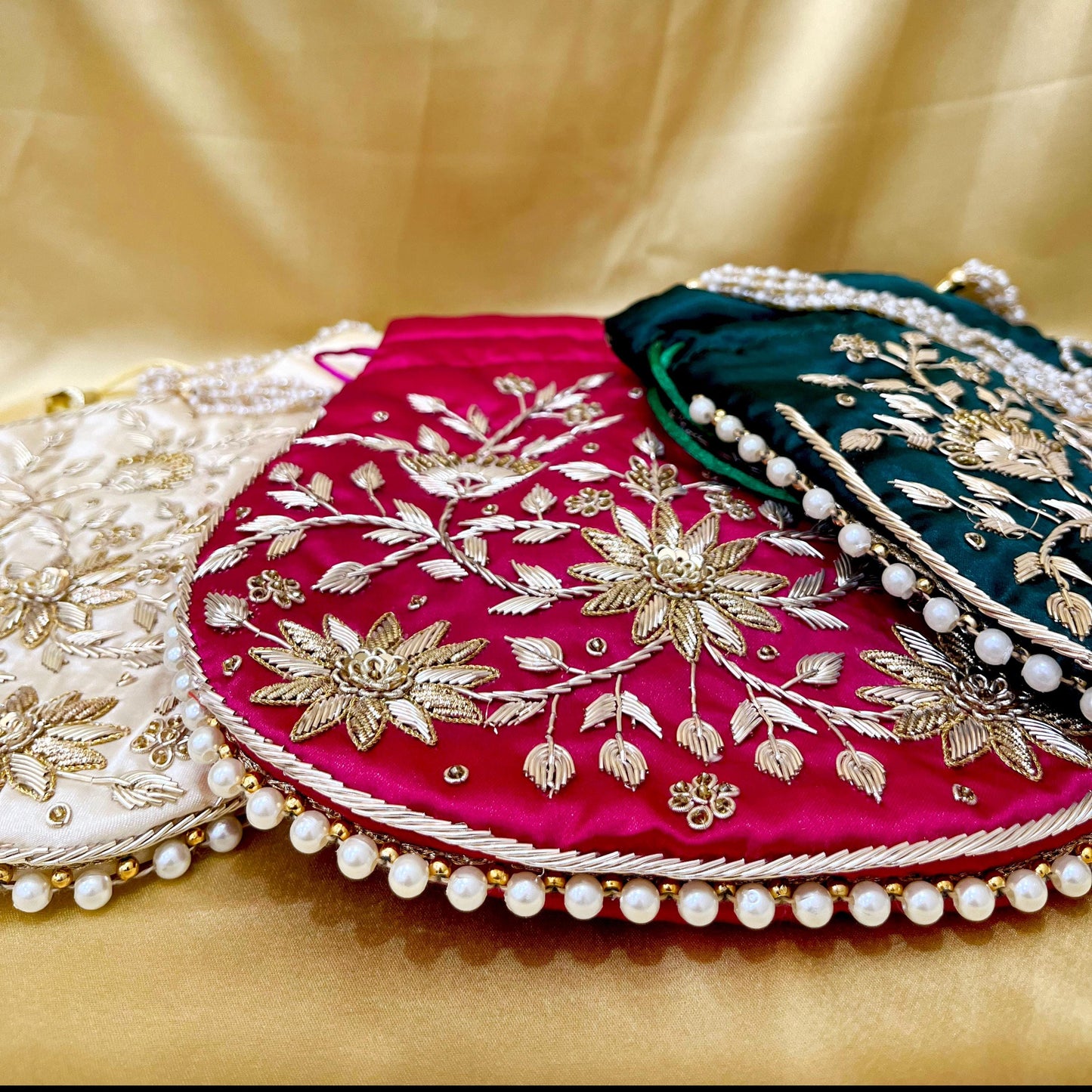 Zari Handwork Potli Bag: Emerald Green, Pink & Gold Indian Design