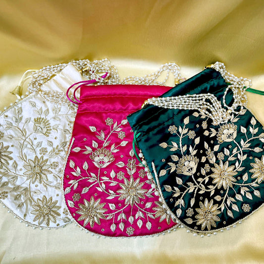 Zari Handwork Potli Bag: Emerald Green, Pink & Gold Indian Design