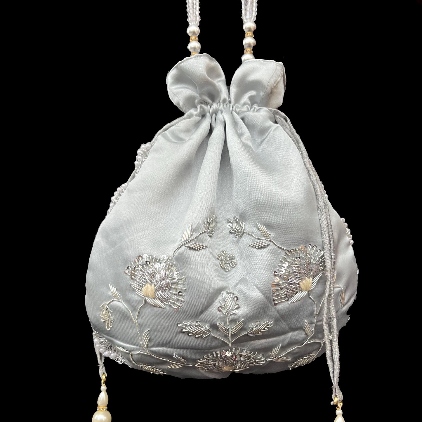 Silver Embroidered Potli Bag: Beaded Indian Wedding Clutch