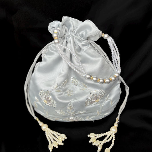 Silver Embroidered Potli Bag: Beaded Indian Wedding Clutch