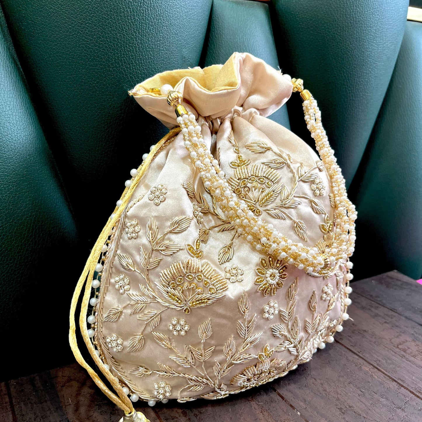 Champagne Gold Embroidered Potli Bag with Pearl Handle | Bridal Wedding Purse | Handmade Indian Ethnic Clutch | Designer Festive Bag