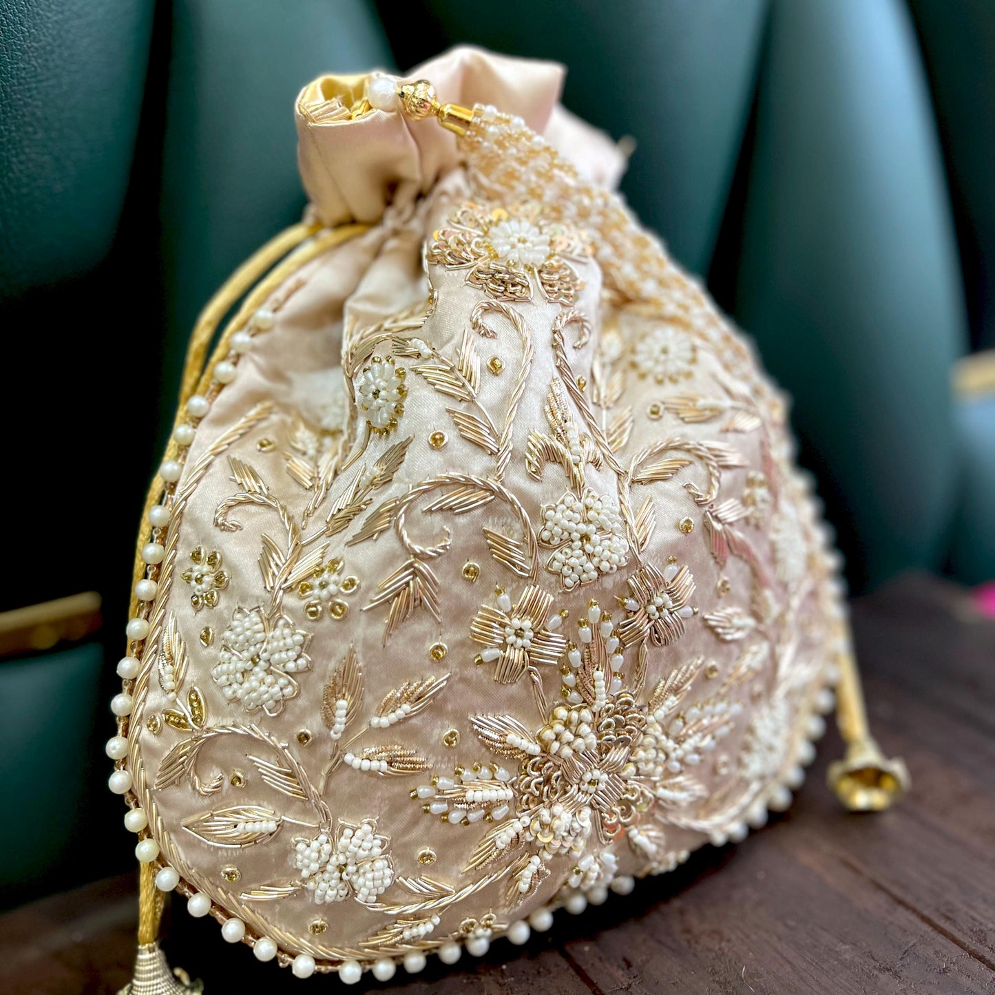 Champagne Gold Potli Bag: Pearl & Zardosi Embroidery, Bridal Purse