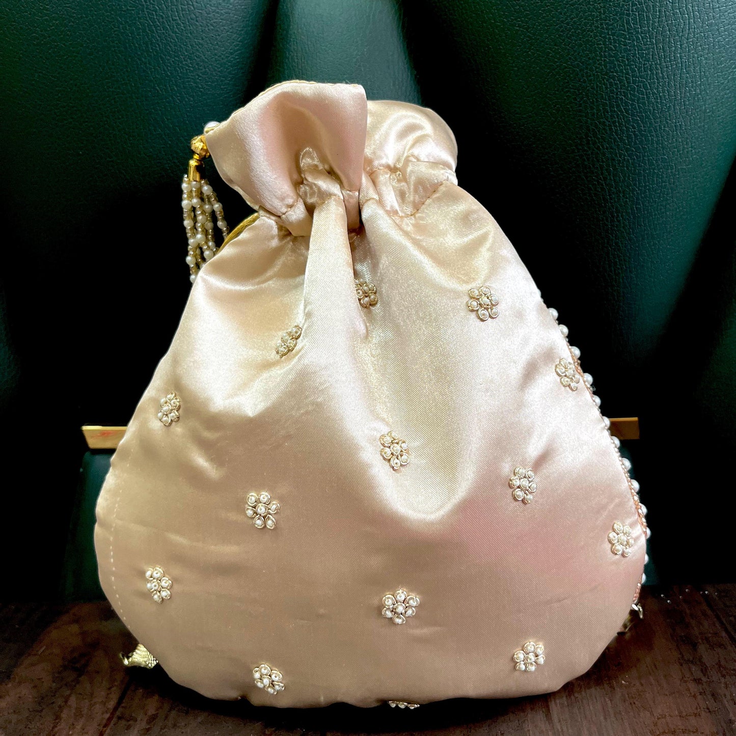 Champagne Gold Potli Bag: Pearl & Zardosi Embroidery, Bridal Purse