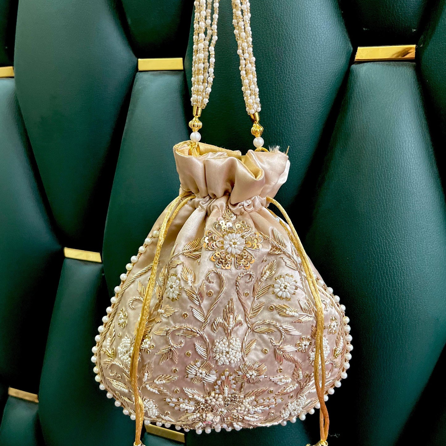 Champagne Gold Potli Bag: Pearl & Zardosi Embroidery, Bridal Purse