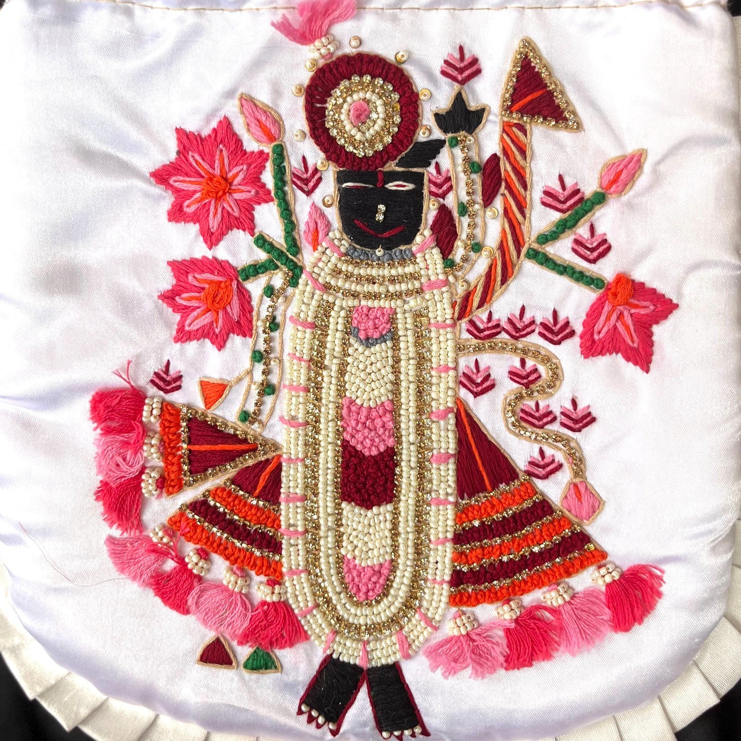 Shrinathji Embroidered Potli Bag: White Satin Indian Wedding Favor