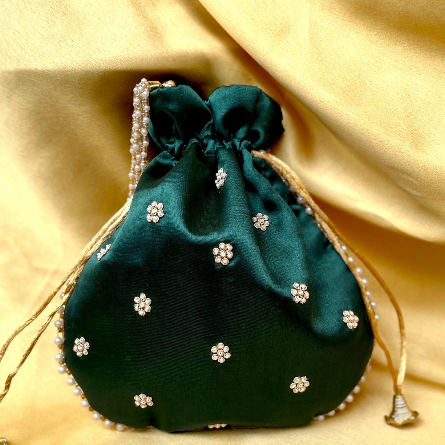 Emerald Green Potli Bag with Golden Zardosi Embroidery & Pearl Handle – Indian Bridal Clutch, Ethnic Wedding Purse, Gift for Her