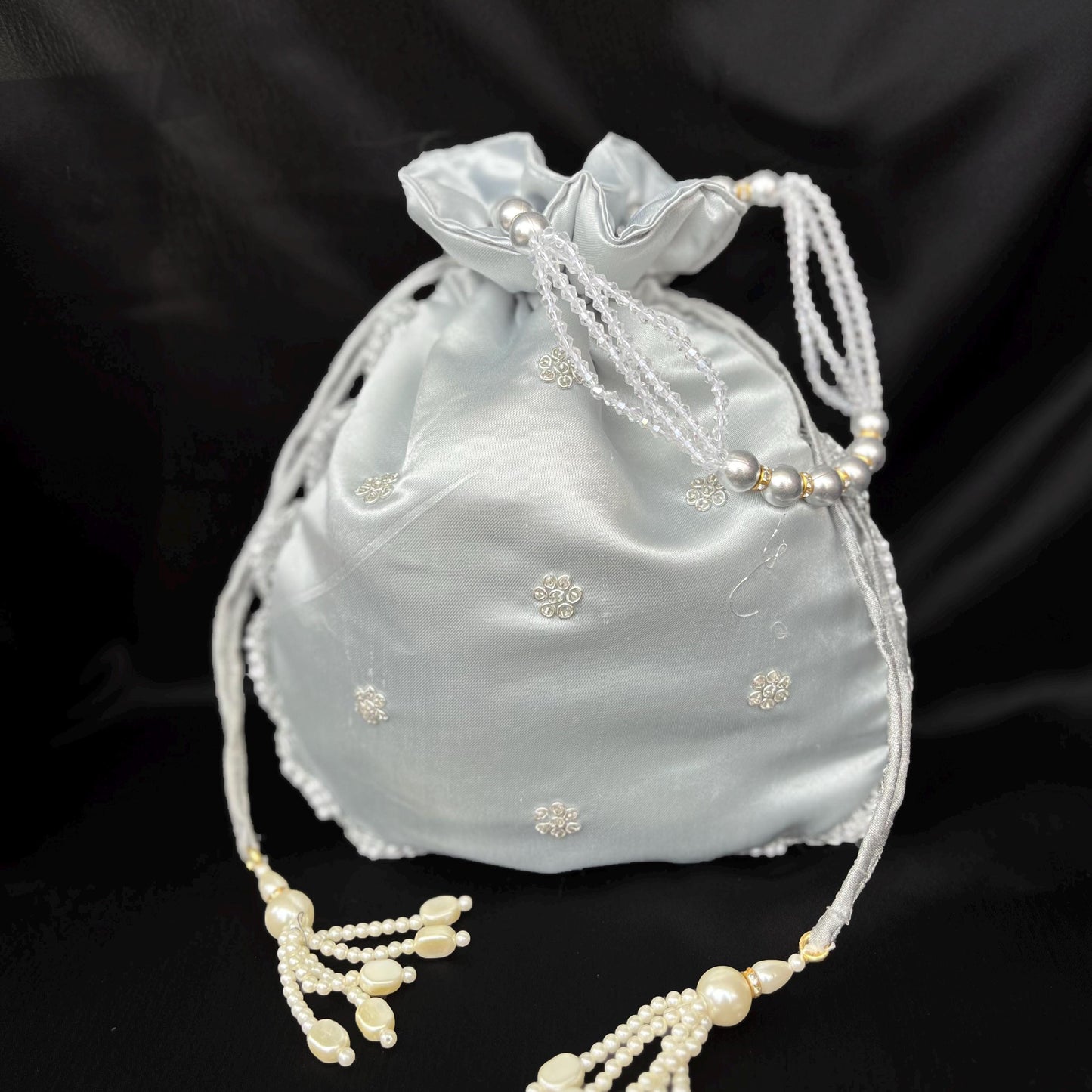 Silver Embroidered Potli Bag: Beaded Indian Wedding Clutch