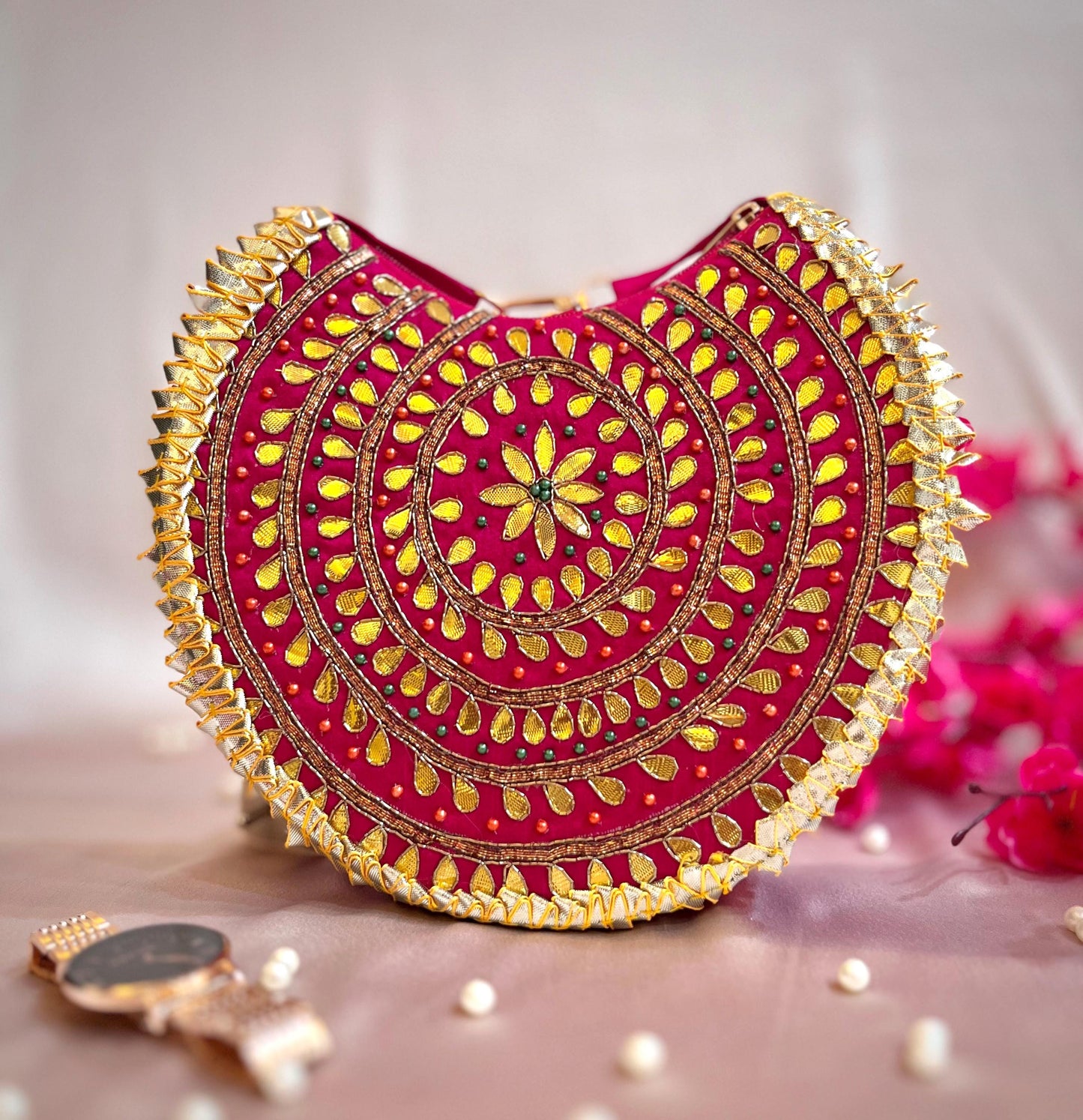 Gota Patti Clutch Bag: Round Embroidered Indian Wedding Purse
