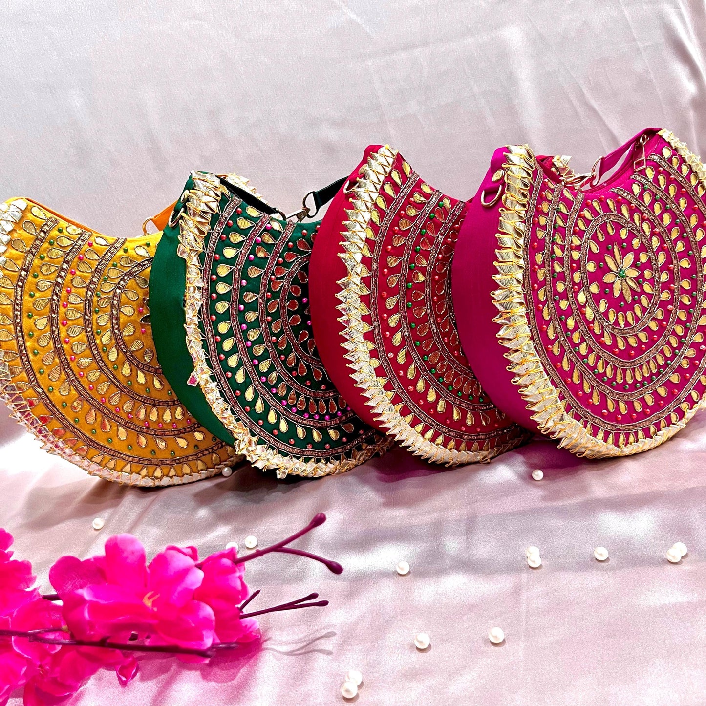 Gota Patti Clutch Bag: Round Embroidered Indian Wedding Purse