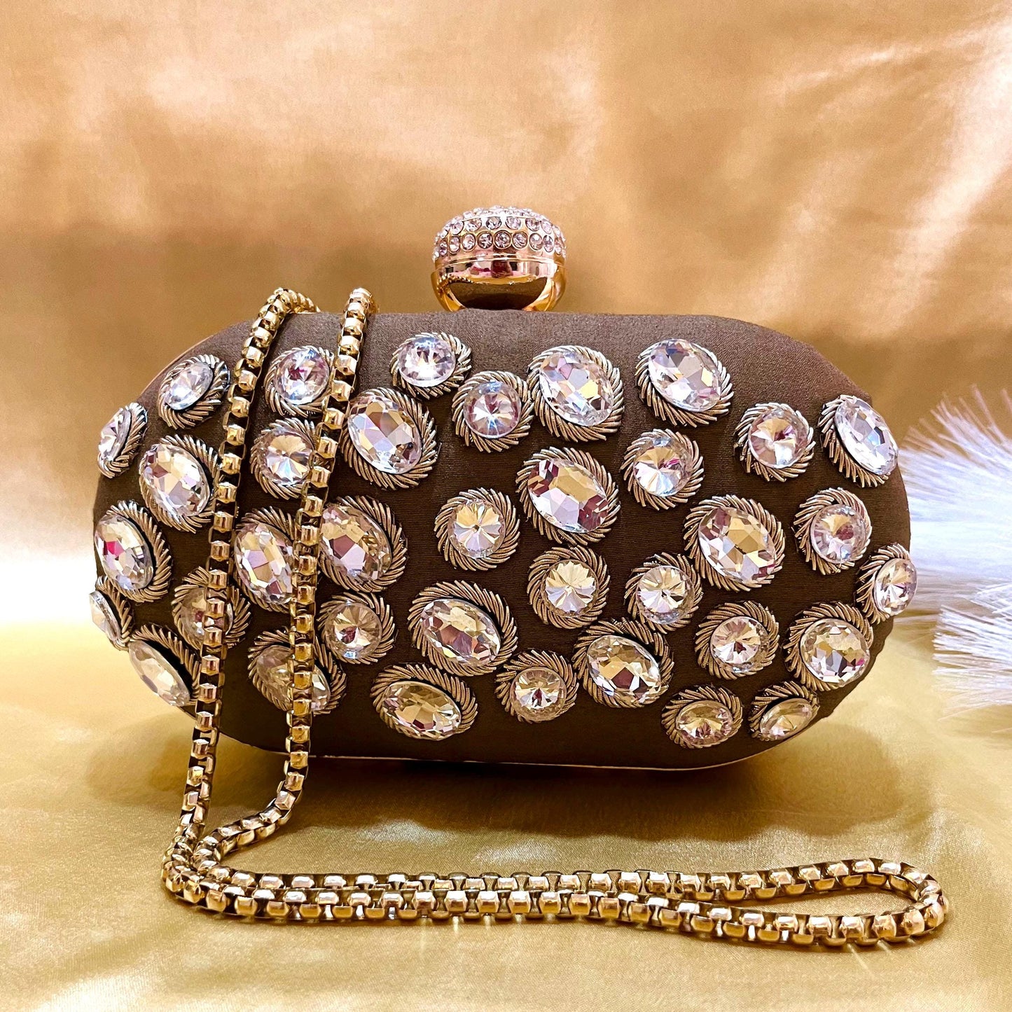 Brown Crystal Evening Clutch: Rhinestone Embellished Party Bag with Gold Chain