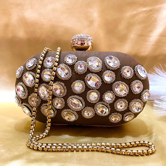 Brown Crystal Evening Clutch: Rhinestone Embellished Party Bag with Gold Chain