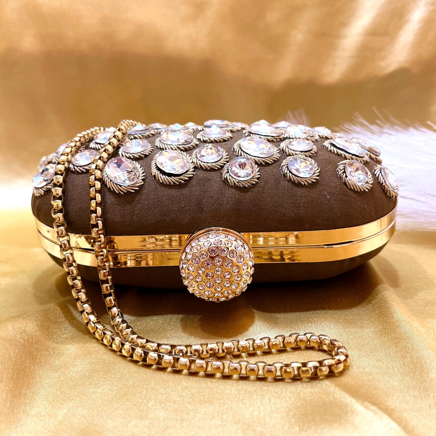 Brown Crystal Evening Clutch: Rhinestone Embellished Party Bag with Gold Chain