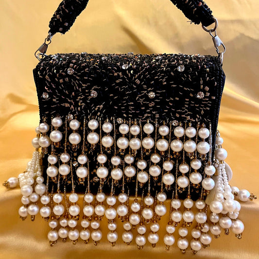 Luxury Black Pearl Beaded Clutch | Handmade Evening Purse | Party & Wedding Bag