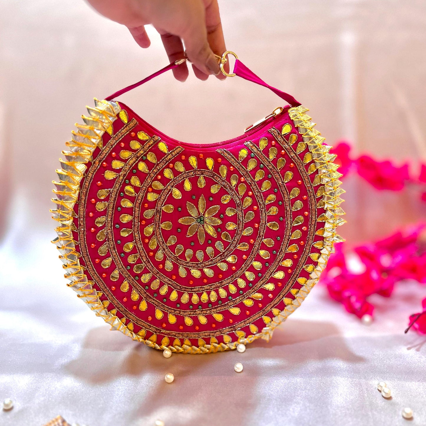 Gota Patti Clutch Bag: Round Embroidered Indian Wedding Purse