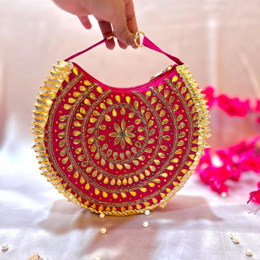 Gota Patti Clutch Bag: Round Embroidered Indian Wedding Purse