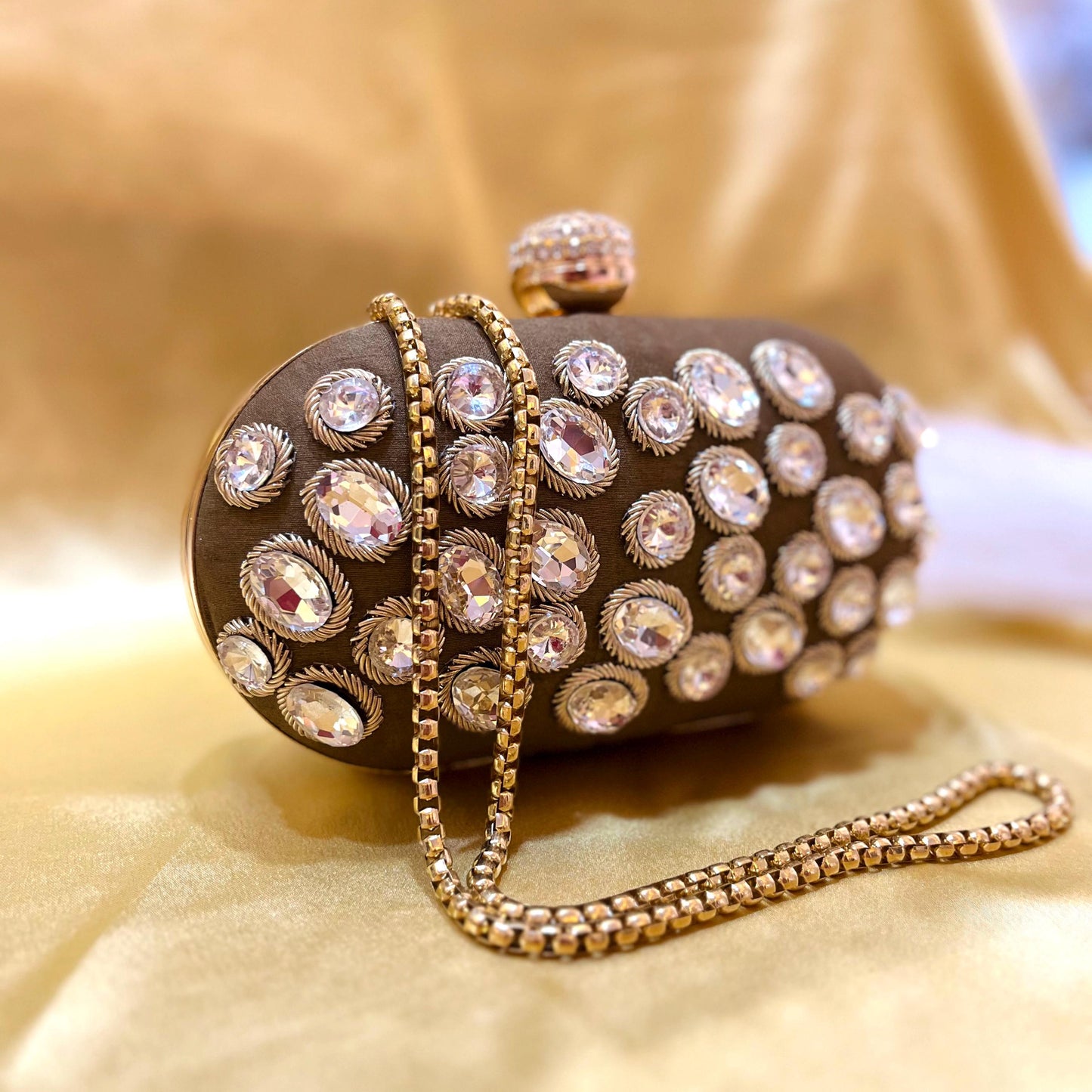 Brown Crystal Evening Clutch: Rhinestone Embellished Party Bag with Gold Chain
