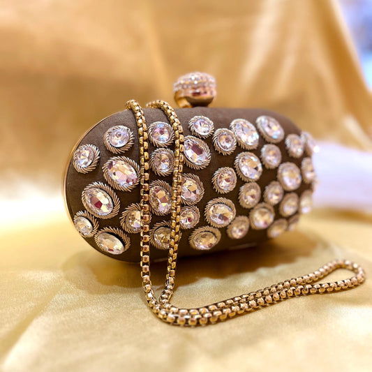 Brown Crystal Evening Clutch: Rhinestone Embellished Party Bag with Gold Chain