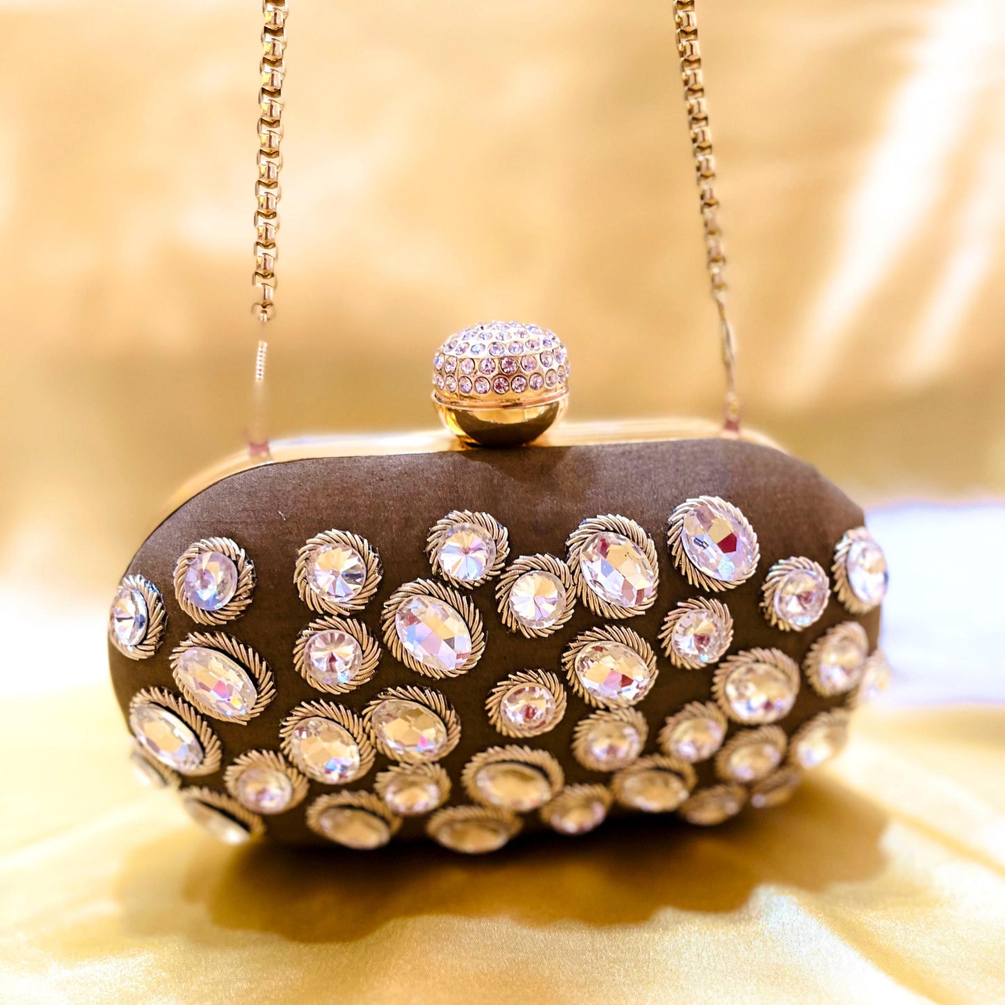 Brown Crystal Evening Clutch: Rhinestone Embellished Party Bag with Gold Chain