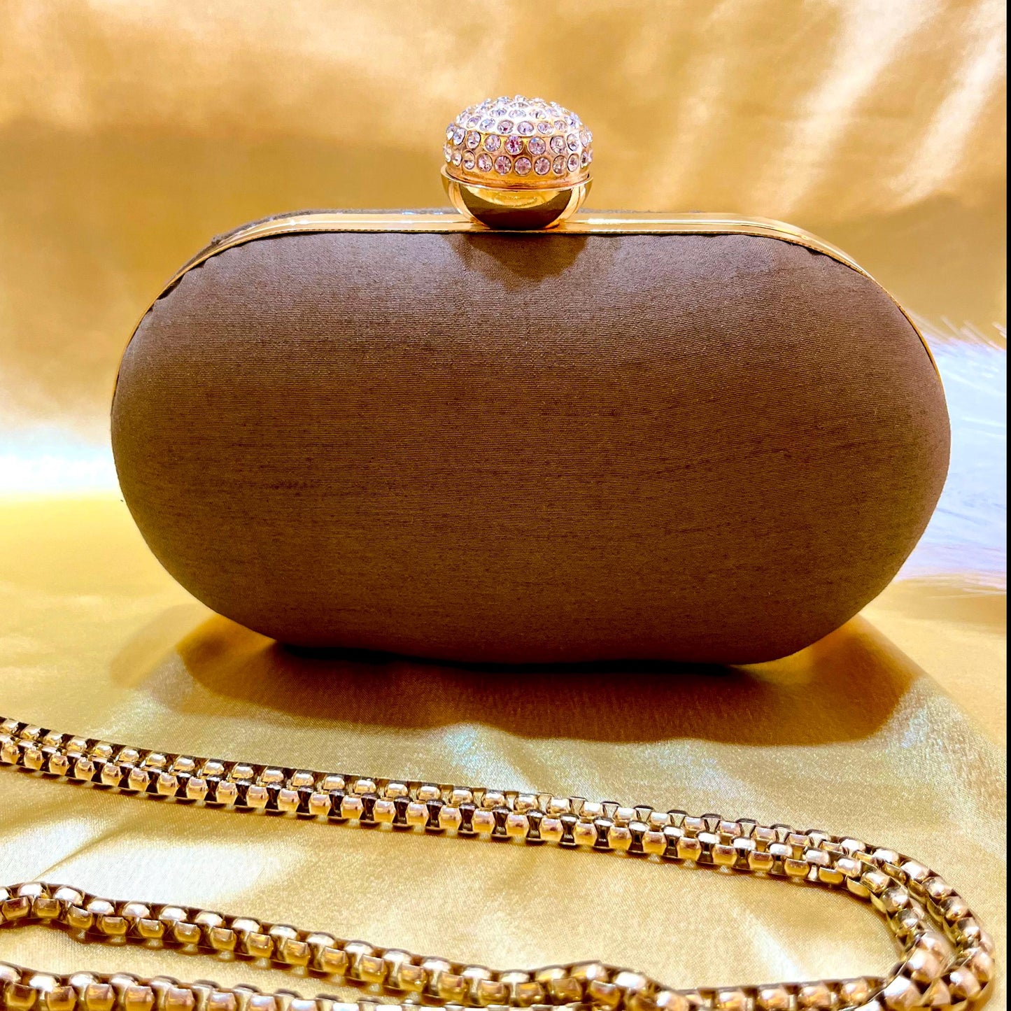 Brown Crystal Evening Clutch: Rhinestone Embellished Party Bag with Gold Chain