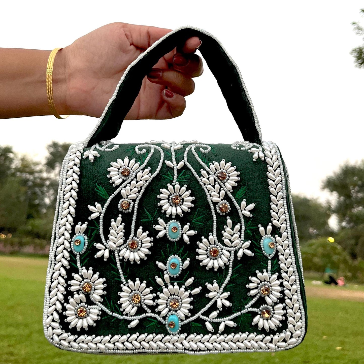 Green Floral Beaded Wedding Clutch: Embroidered Bridal Bag