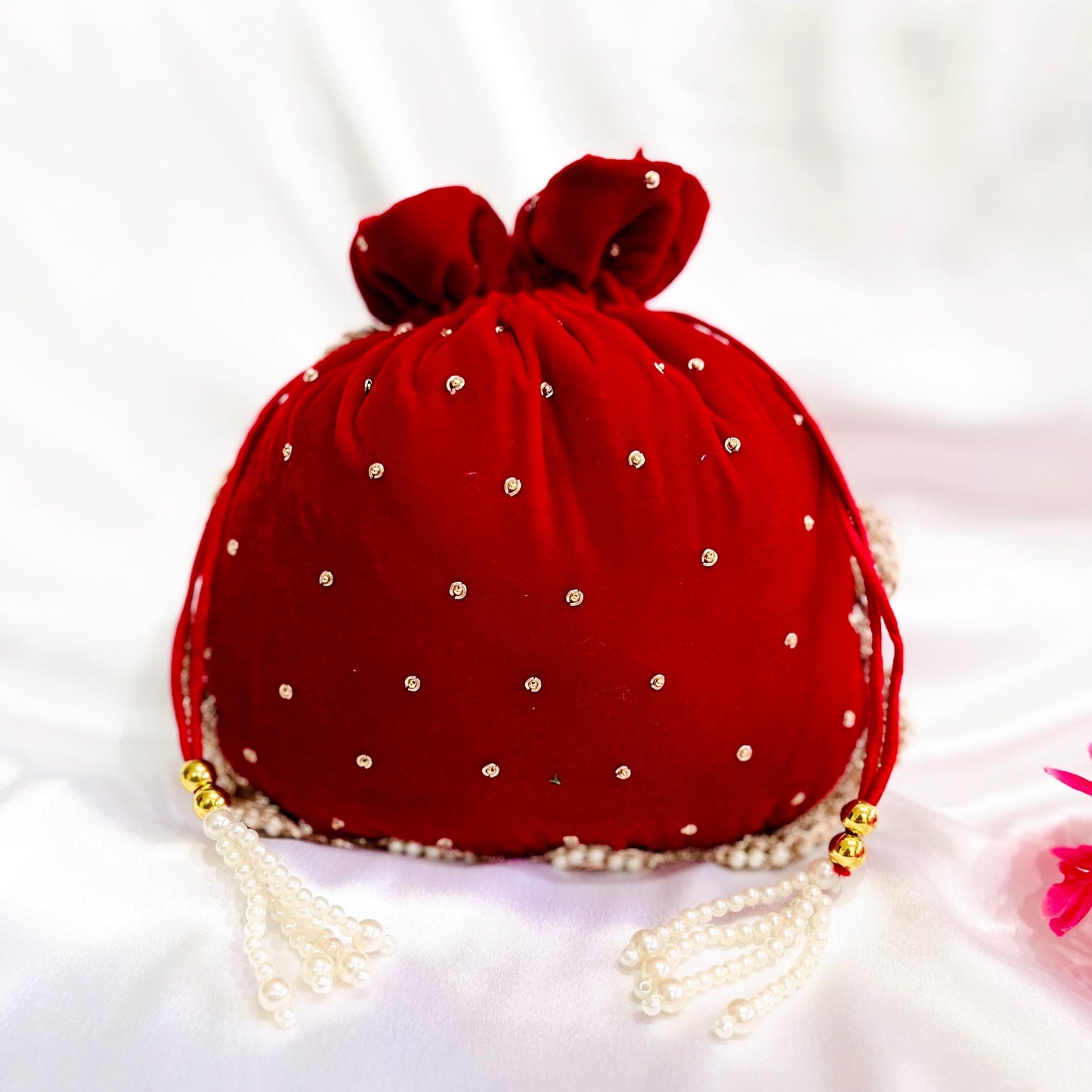 Mahroon Designer Zardosi Work Potli Bag With Drawstring Pattern and Tassels Wedding Favor Party Bridal Potli Purse Batawa Bag Wristlet