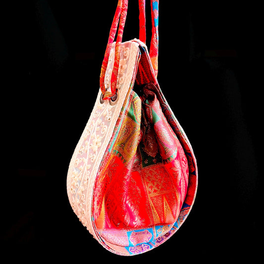 Red Brocade Raindrop Drawstring Potli Clutch | Festive Indian Wedding Purse | Gift for Bridesmaid | Boho Festival Bag for Women