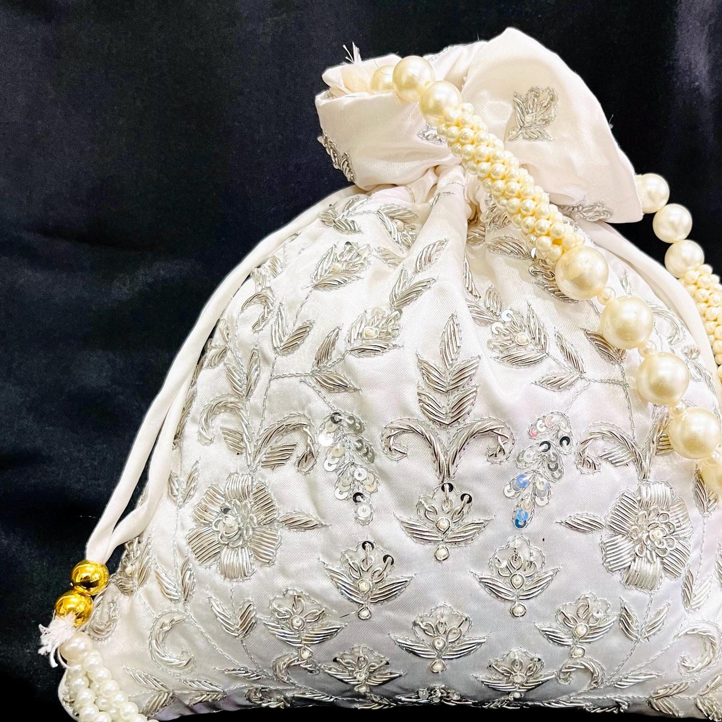 Ivory Zardozi Embroidered Satin Wedding Potli Bag for Woman | Luxury | Evening | Wedding Bride | Cocktail Handcrafted Drawstring Purse Bag