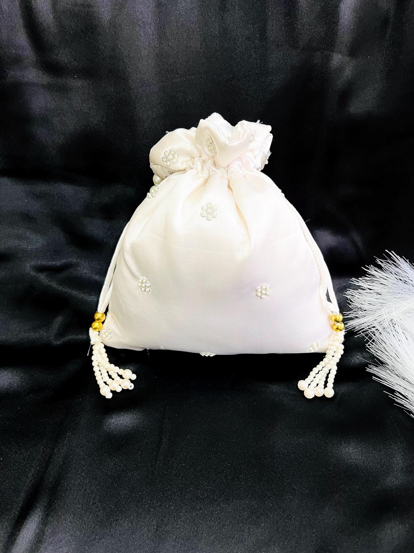 Ivory Zardozi Embroidered Satin Wedding Potli Bag for Woman | Luxury | Evening | Wedding Bride | Cocktail Handcrafted Drawstring Purse Bag