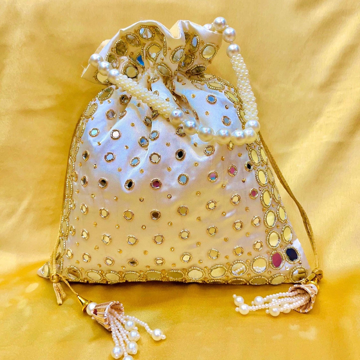 Ivory Mirror Work Potli Bag | Handmade Bridal Wedding Purse | Indian Purse | Halloween gift