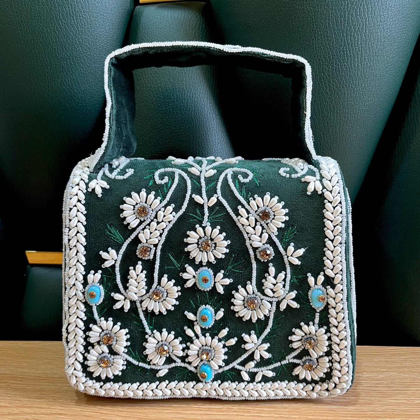 Green Floral Beaded Wedding Clutch: Embroidered Bridal Bag