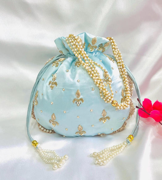 Handmade Light Blue Satin Potli Bag with Gold Embroidery & Pearl Tassels – Indian Wedding Favor, Bridal Gift Pouch, Ethnic Drawstring Purse