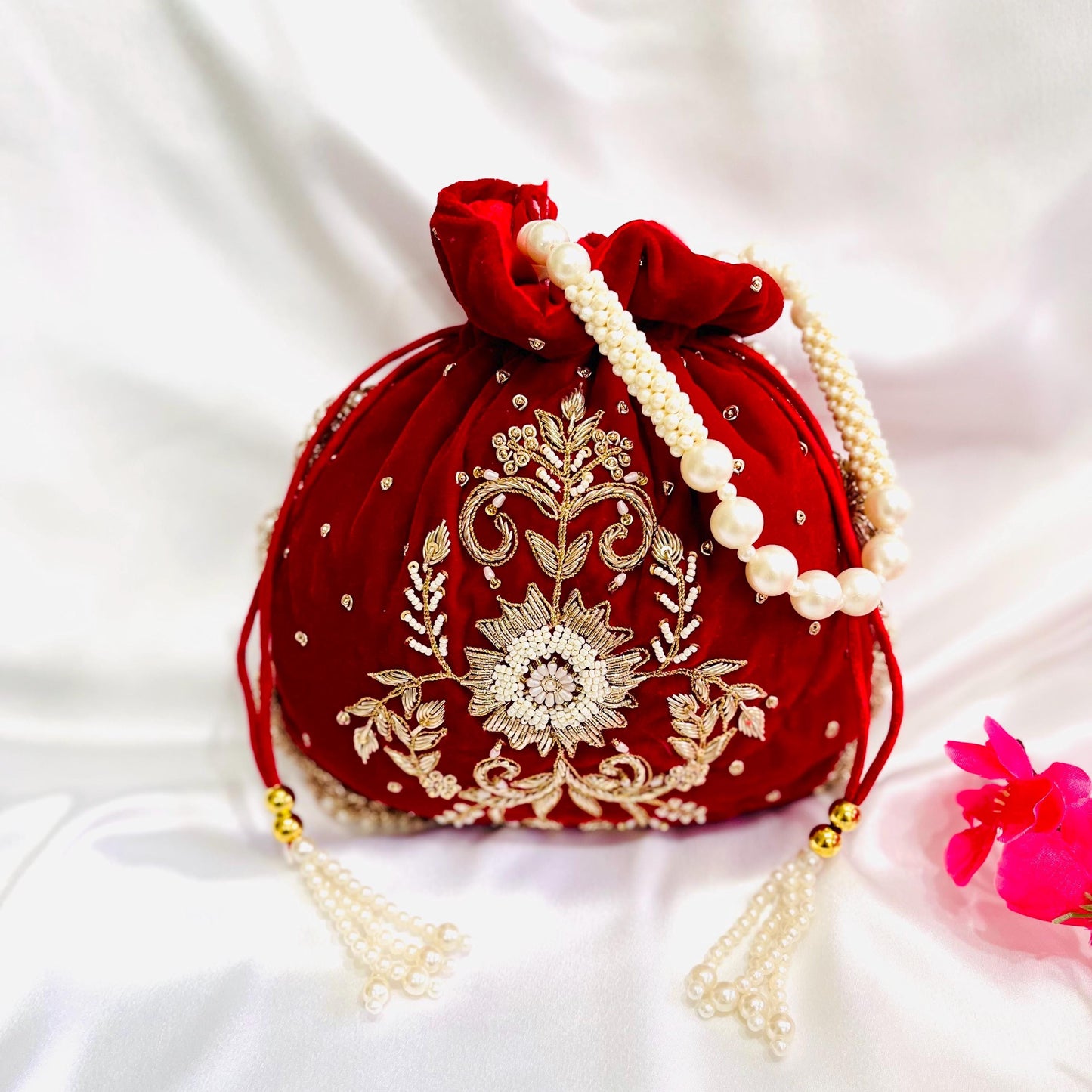 Mahroon Designer Zardosi Work Potli Bag With Drawstring Pattern and Tassels Wedding Favor Party Bridal Potli Purse Batawa Bag Wristlet