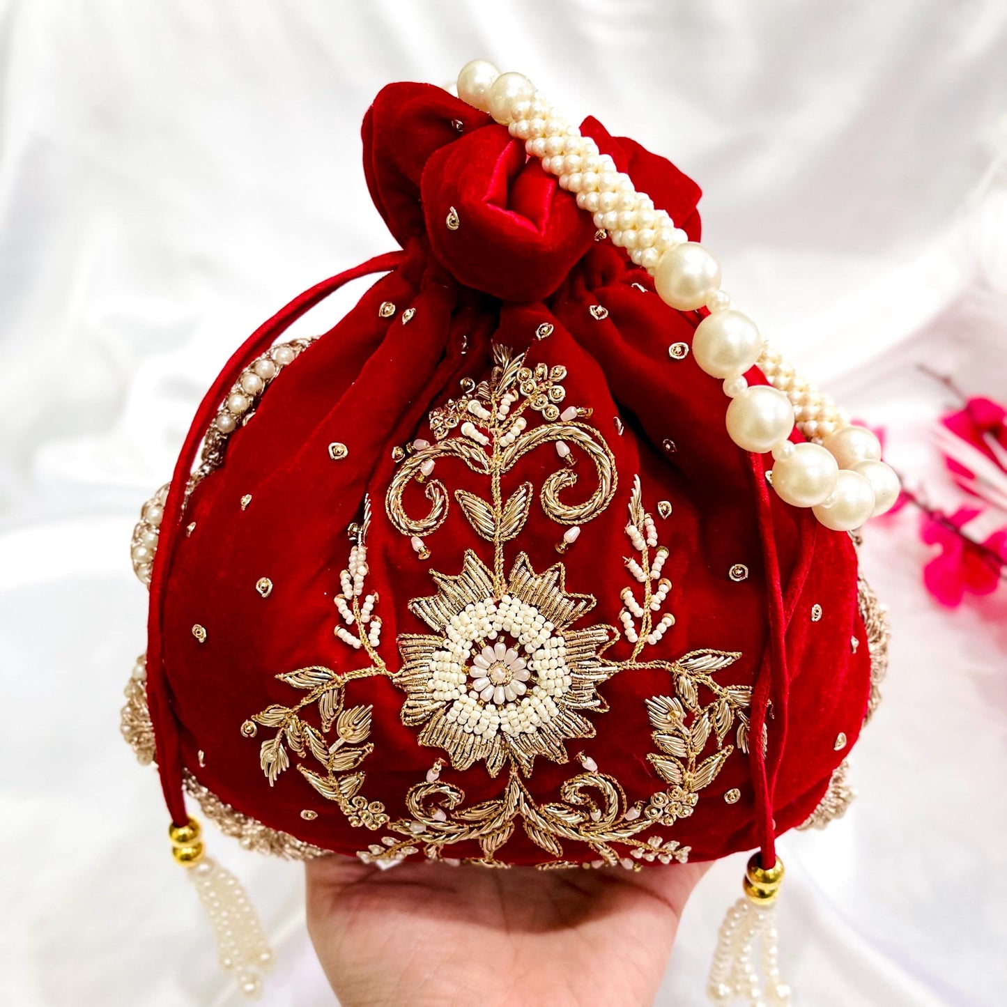 Mahroon Designer Zardosi Work Potli Bag With Drawstring Pattern and Tassels Wedding Favor Party Bridal Potli Purse Batawa Bag Wristlet