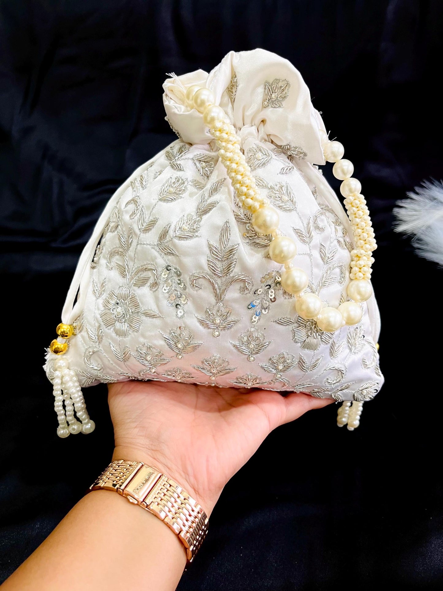 Ivory Zardozi Embroidered Satin Wedding Potli Bag for Woman | Luxury | Evening | Wedding Bride | Cocktail Handcrafted Drawstring Purse Bag
