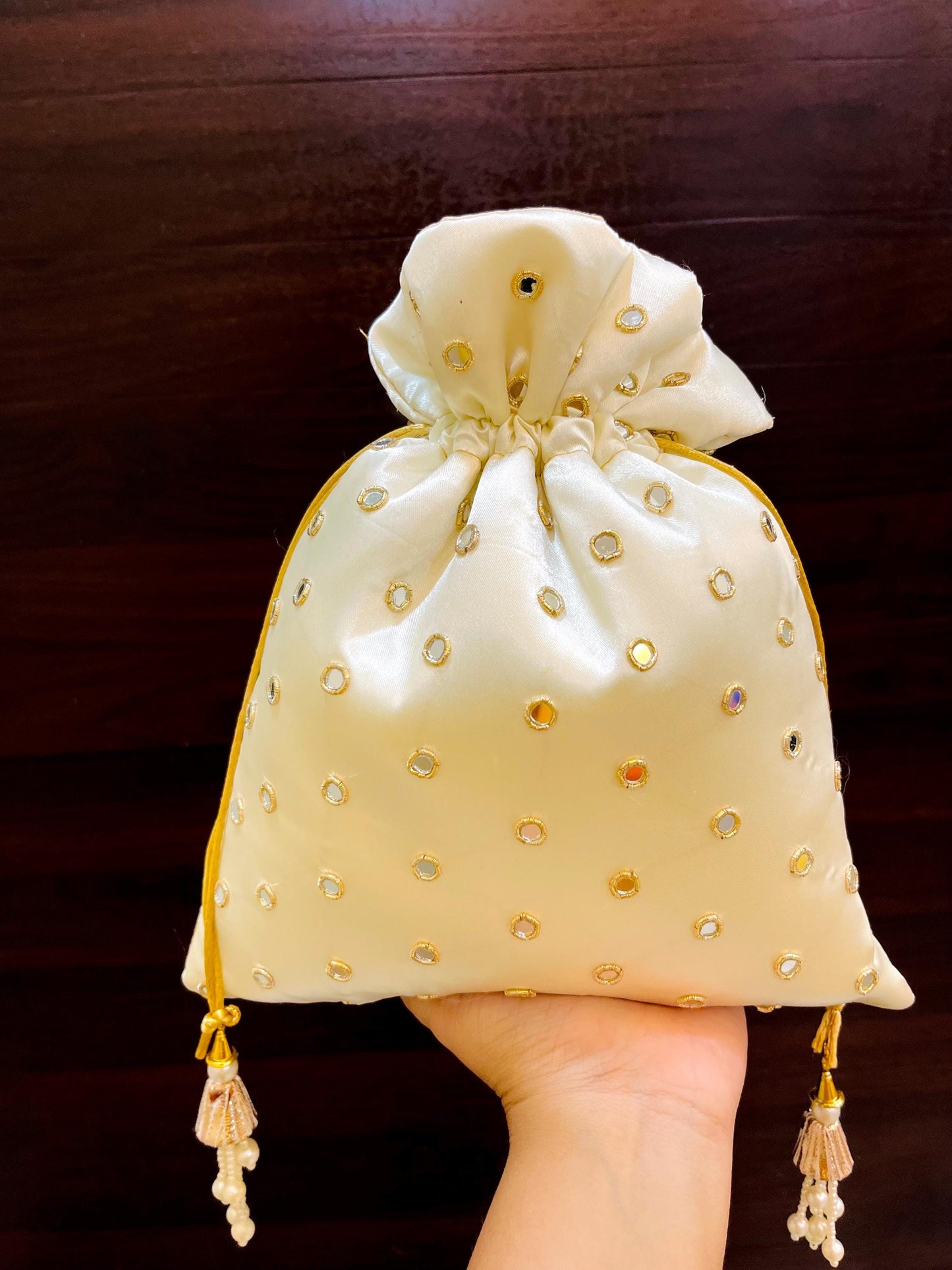 Ivory Mirror Work Potli Bag | Handmade Bridal Wedding Purse | Indian Purse | Halloween gift