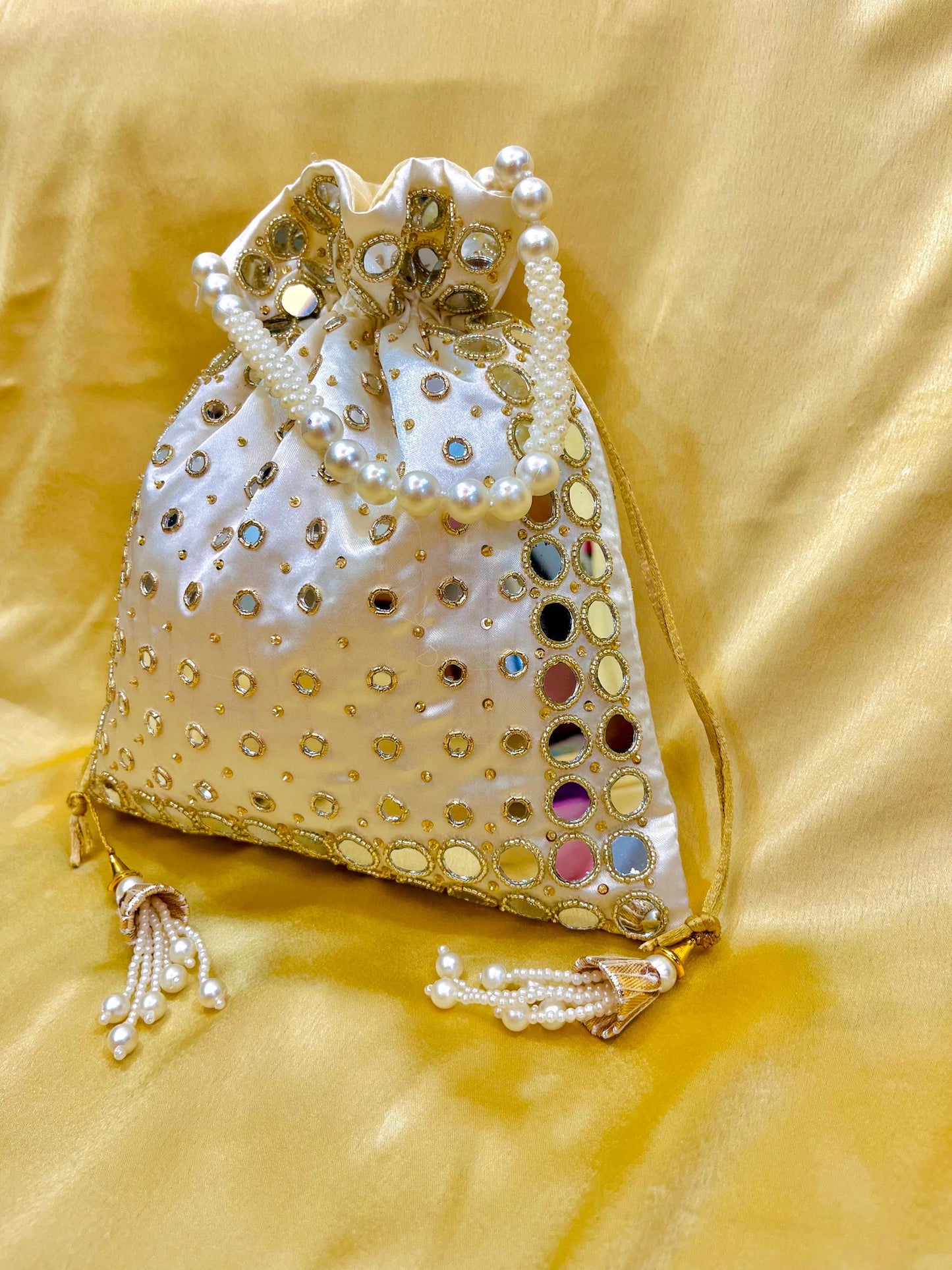 Ivory Mirror Work Potli Bag | Handmade Bridal Wedding Purse | Indian Purse | Halloween gift
