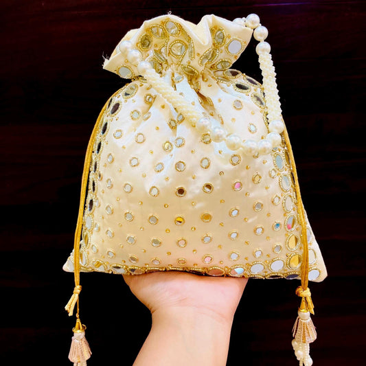 Ivory Mirror Work Potli Bag | Handmade Bridal Wedding Purse | Indian Purse | Halloween gift