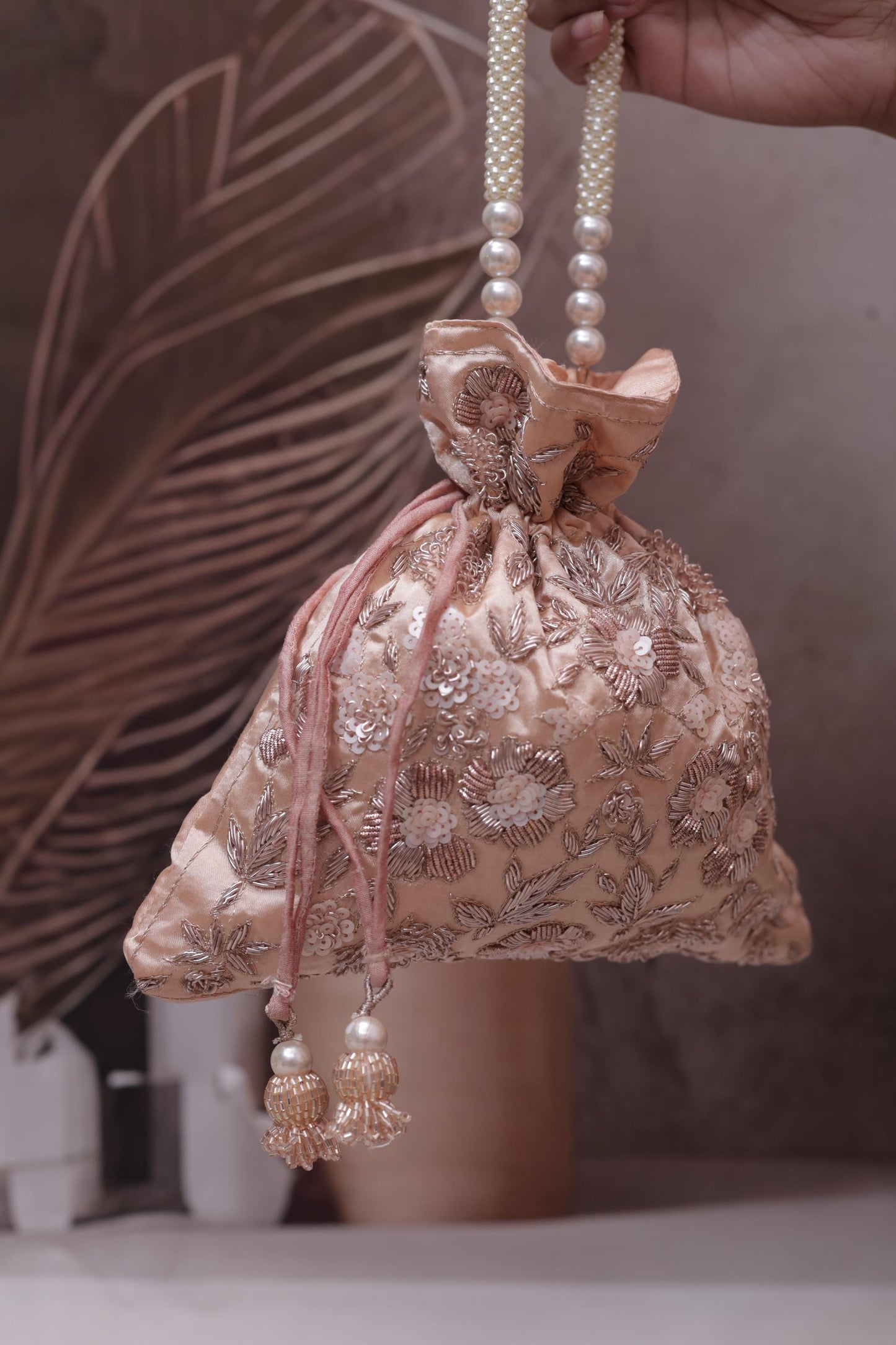 Luxury peach Gold Embroidered Potli Bag | Pearl Handle Indian Clutch | Wedding Bridesmaid Purse | Ethnic Gift Bag for Women | Festive Pouch