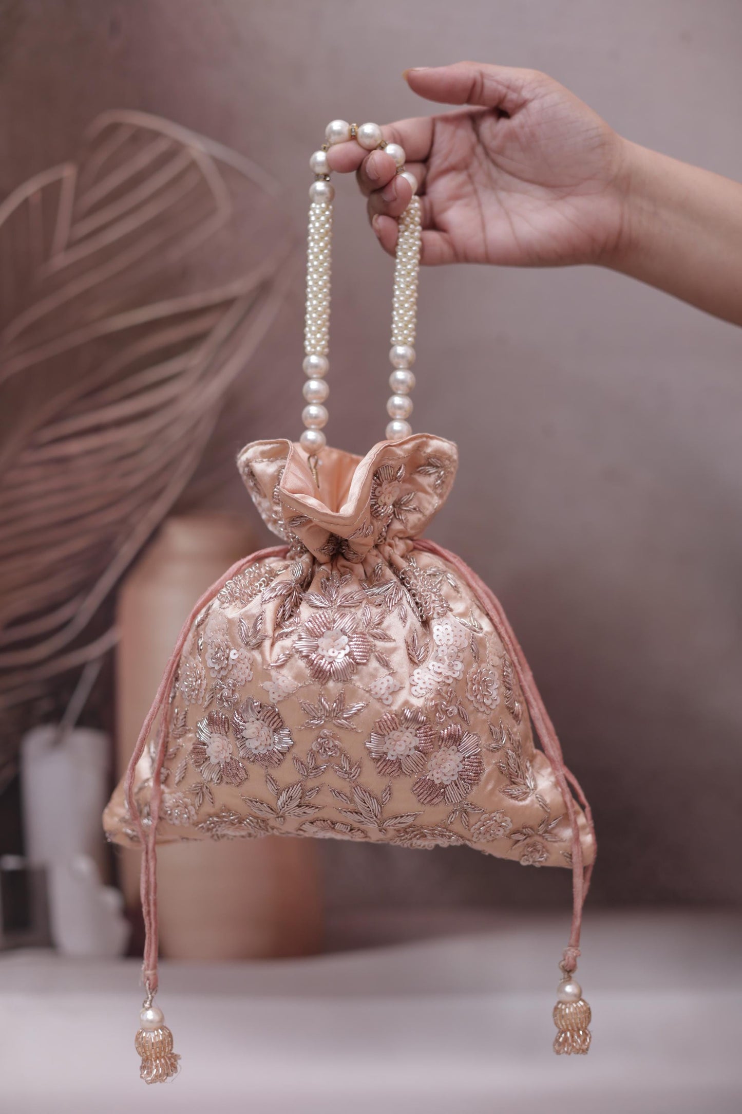 Luxury peach Gold Embroidered Potli Bag | Pearl Handle Indian Clutch | Wedding Bridesmaid Purse | Ethnic Gift Bag for Women | Festive Pouch