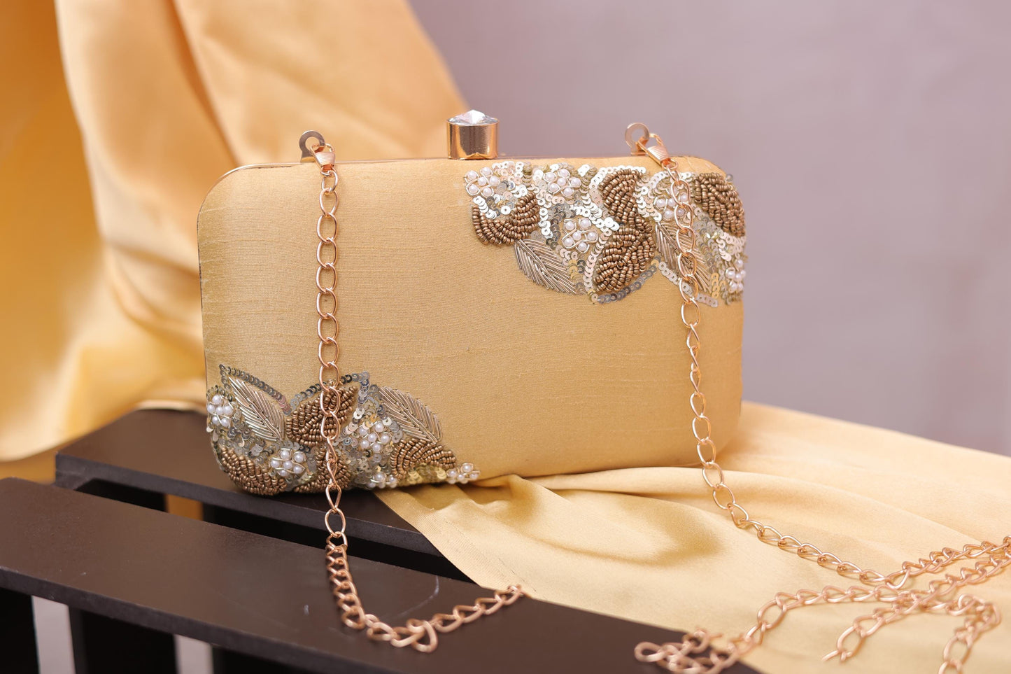 Gold Embroidered Clutch Bag | Pearl Beaded Evening Purse | Handmade Potli Box Bag for Wedding, Party & Bridesmaid Gift