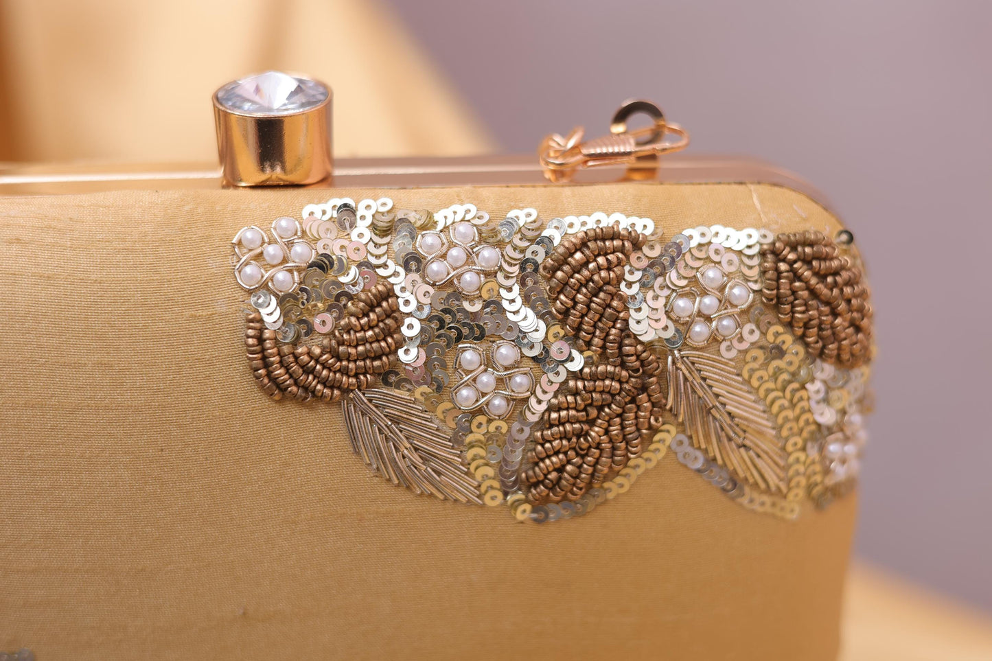 Gold Embroidered Clutch Bag | Pearl Beaded Evening Purse | Handmade Potli Box Bag for Wedding, Party & Bridesmaid Gift