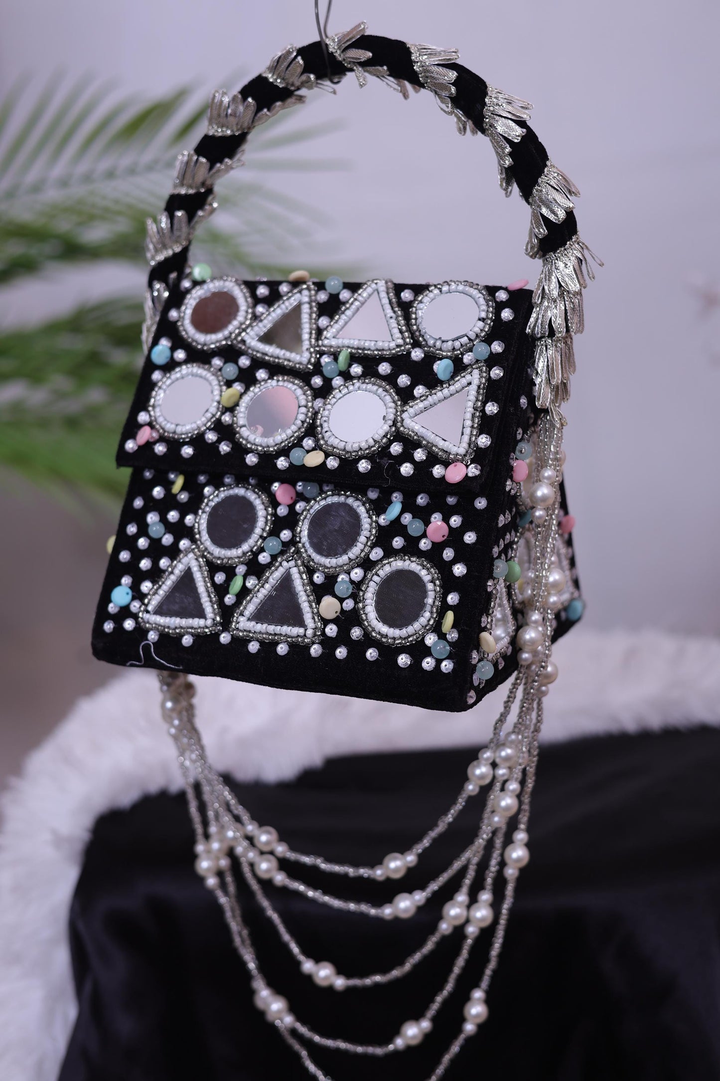 Handmade Mirror Work Clutch Bag with Pearls | Wedding Clutch | Boho Bridal Gift | Black & White Beaded Purse | Luxury Party Bag for Women