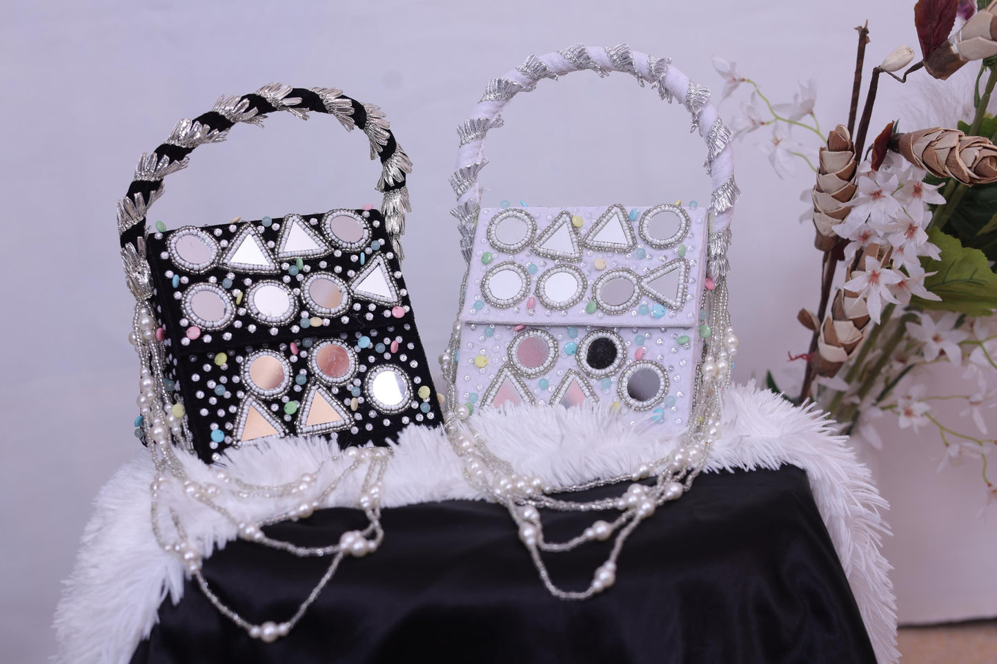 Handmade Mirror Work Clutch Bag with Pearls | Wedding Clutch | Boho Bridal Gift | Black & White Beaded Purse | Luxury Party Bag for Women